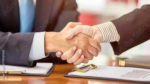 Confident man and woman shaking hands in a well-lit office after a successful job interview, both dressed in formal suits, Canon captured professional imagery.