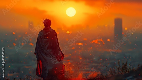 Empowering Sunset: Figure in Flowing Cape and Bokeh
