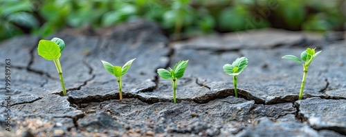 Cracks with Growing Plants, New life emerging from the cracks, symbolizing hope and renewal photo