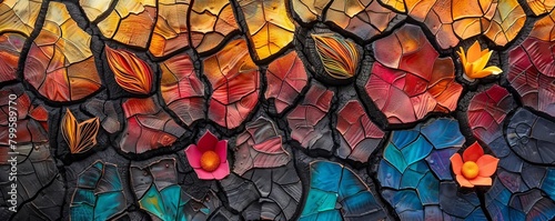 Cracks Filled with Color, Vibrant colors contrast with the burnt background, representing hope and renewal