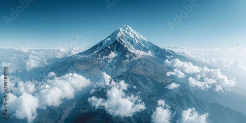 Majestic snow-capped mountain towering above the clouds, showcasing the serene and lofty peaks of high altitudes photo