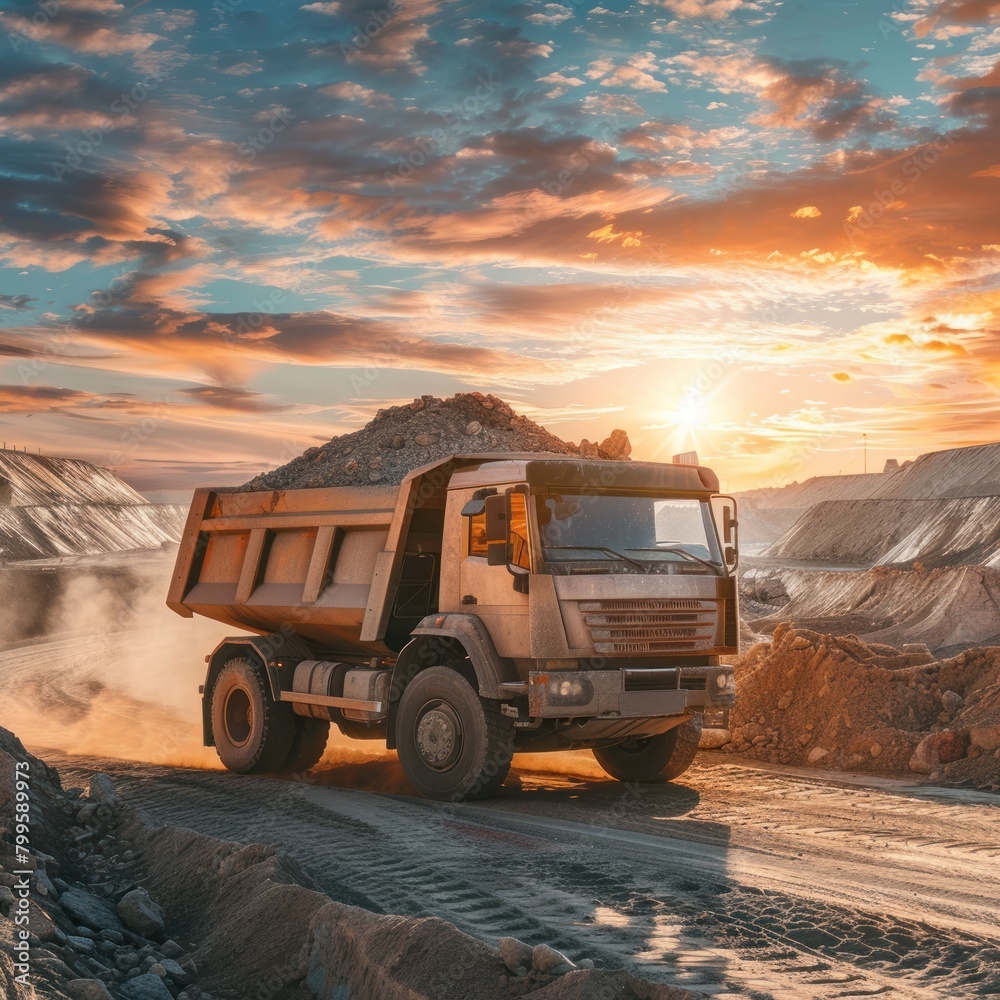 Diesel-powered coal trucks are at mining sites making delivery trips on rocky and sandy roads. Sunny weather background with sunlight reflection Diesel-powered coal trucks are at mining sites making delivery trips on rocky and sandy roads. Sunny weather background with sunlight reflection