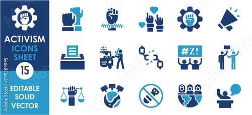 Set of solid icons related to activism, protest. Flat icon collection. Editable Vector illustration.