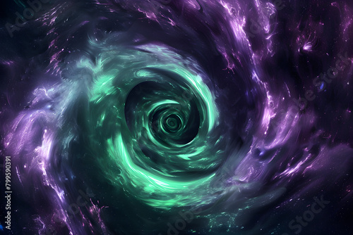 Neon galaxy with green and purple swirls. Cosmic wonder on black background.