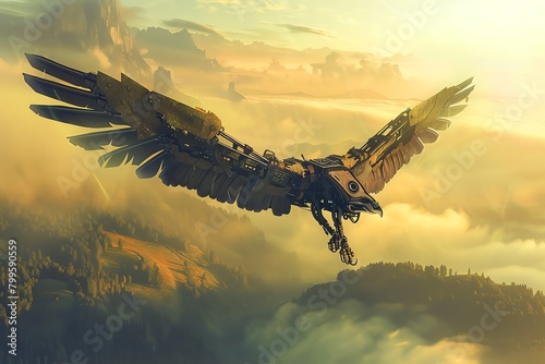 Explore a mechanical eagle soaring above a mist-covered valley at dawn with a mix of photorealism and impressionistic brush strokes Use a blend of traditional and digital technique