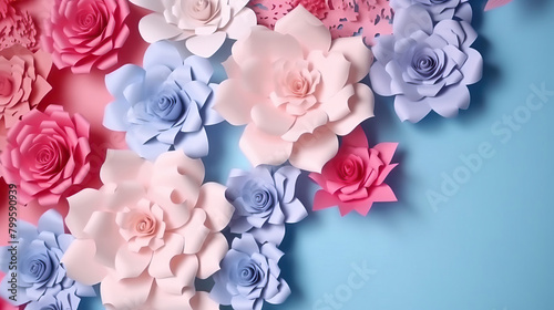 Colorful paper flowers isolated on blue background with smooth aesthetic color. 3D render illustration of paper cut with copy space on the background.