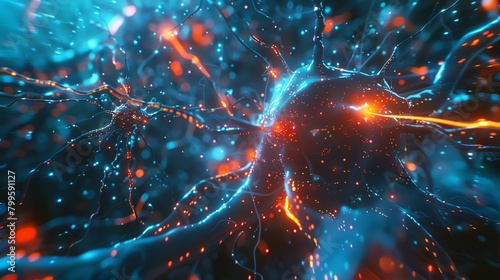 Capture the intricate dance of neural pathways merging with sleek holographic displays photo