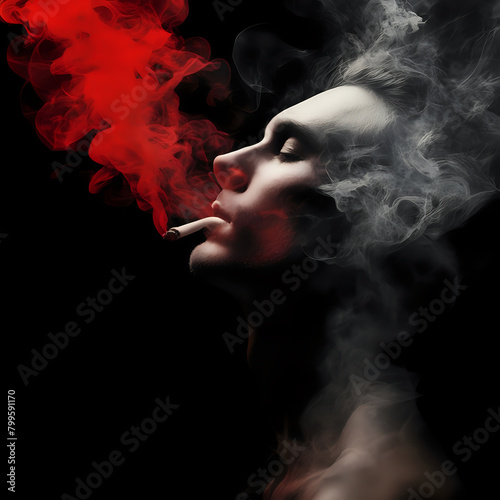 smoke man illustration by ethan watkins, in the style of intense texture collage, mysterious beauty, light black and red, detailed atmospheric , feminine imagery, fluid formation- generated by ai photo