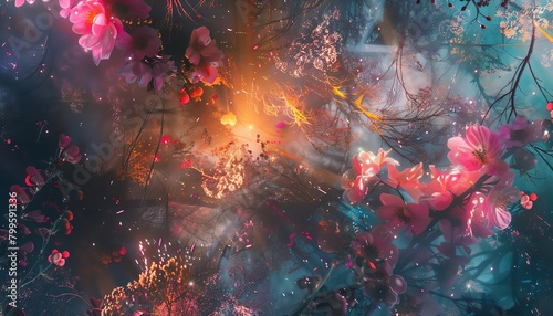 Craft a high-angle view of a mesmerizing, ethereal garden merging with futuristic AI elements in a dreamy collage of surreal colors