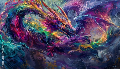 Capture a birds-eye view of a majestic dragon entwined within colorful, swirling abstract shapes, viewed from below, its scales glistening with iridescent hues