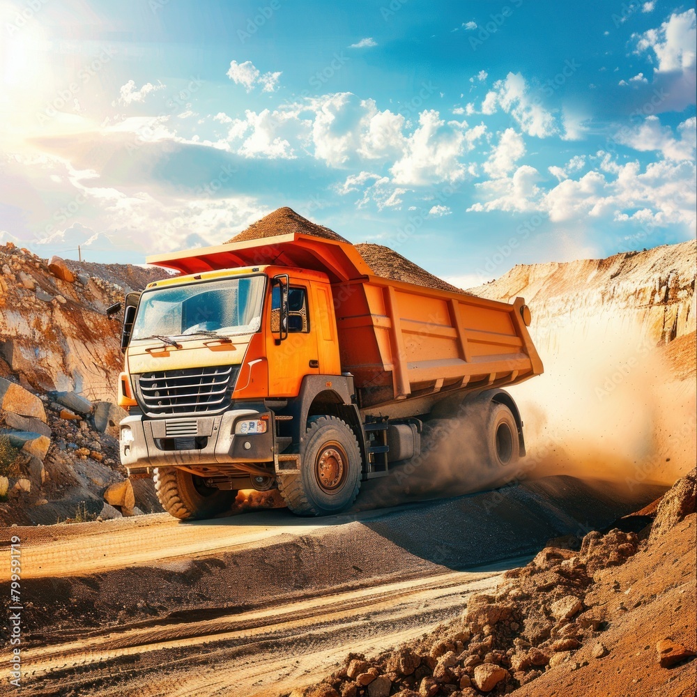 Diesel-powered coal trucks are at mining sites making delivery trips on rocky and sandy roads. Sunny weather background with sunlight reflection Diesel-powered coal trucks are at mining sites making delivery trips on rocky and sandy roads. Sunny weather background with sunlight reflection