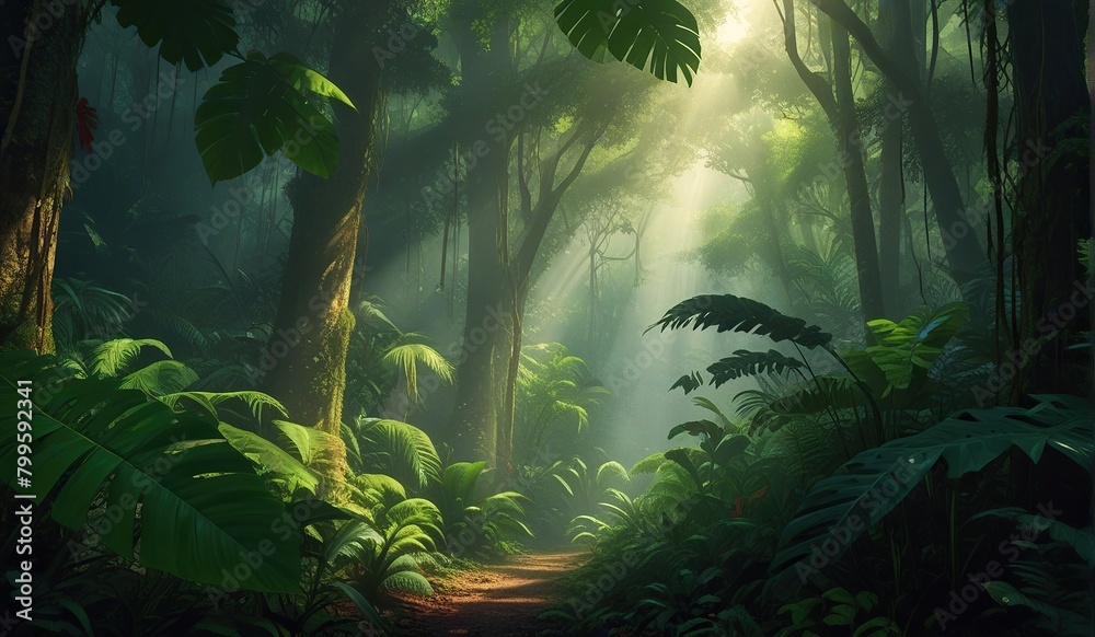 A lush dense rainforest, with tall, leafy trees creating a lush green ...