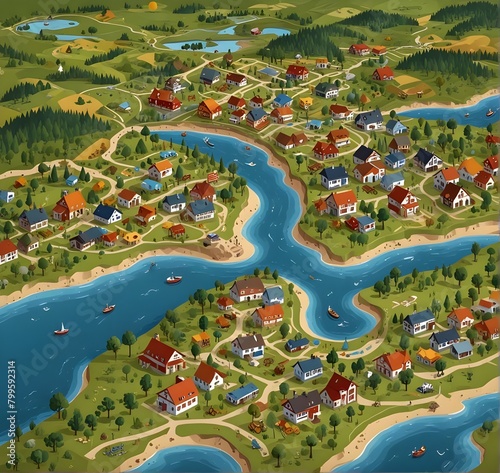 DRoad map or opportunities infographic poster. City and countryside landscape with town buildings and farm field, river and sea beach for recreation, mountain activities and camping. Cartoon photo