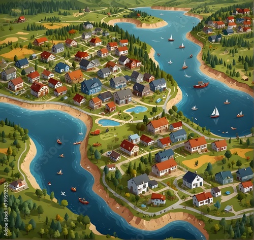 DRoad map or opportunities infographic poster. City and countryside landscape with town buildings and farm field, river and sea beach for recreation, mountain activities and camping. Cartoon photo