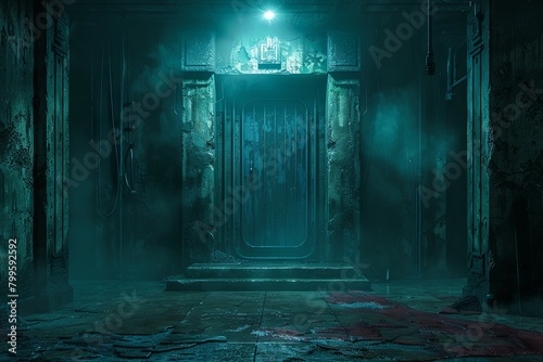 Atmospheric abandoned horror game scene - A chilling abandoned elevator shaft with eerie lighting, creating a suspenseful horror scene perfect for games photo