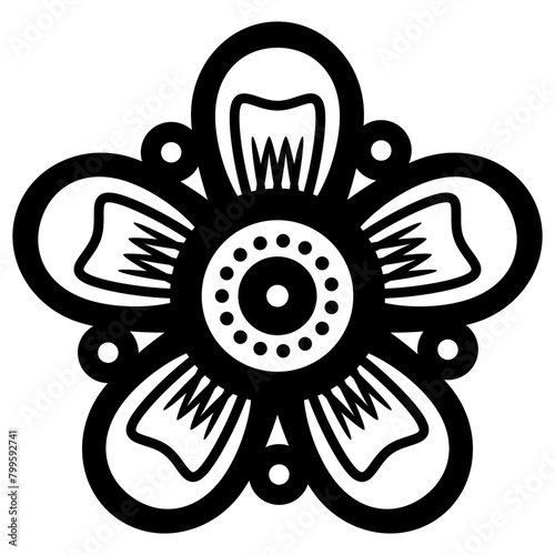 Stylized flower. Geometrical floral design. Folk style. Black and white silhouette.