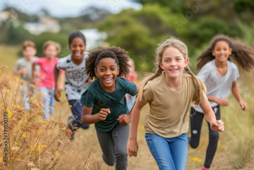 Portrait of smiling children running in field during obstacle course in boot camp
