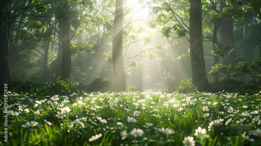 Fototapeta premium Sunlight filters through the trees in a beautiful spring forest scene, casting light on the vibrant green grass and ground's wildflowers, perfect for an overlay of text.