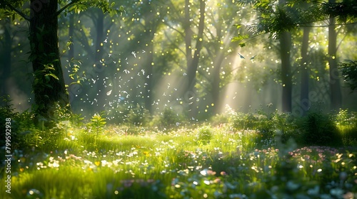 Sunlight filters through the trees in a beautiful spring forest scene, casting light on the vibrant green grass and ground's wildflowers, perfect for an overlay of text.