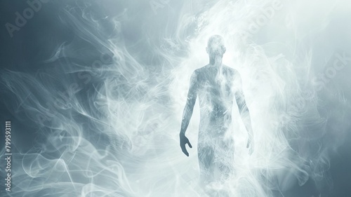 Ethereal silhouette in a smoky ambiance - A mysterious figure appears amidst swirling smoke, creating a haunting and ethereal feel that provokes curiosity and wonder