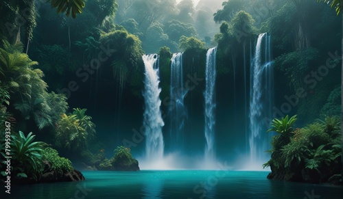An imposing waterfall falling from high cliffs into a dense tropical jungle. The crystal clear water forms a turquoise pool at the base of the waterfall, surrounded by lush vegetatio. photo