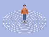 3D illustration of male guy Qadir standing in the center of a maze.artwork concept depicts challenge, finding the way out, escape, hurdles, solving issue, and solution for problem.