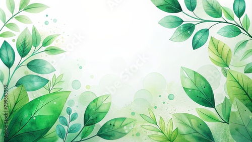 watercolor green leaves on white background with copy space area for text