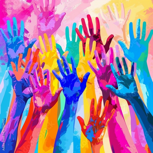Colorful hands up people from different races and nations