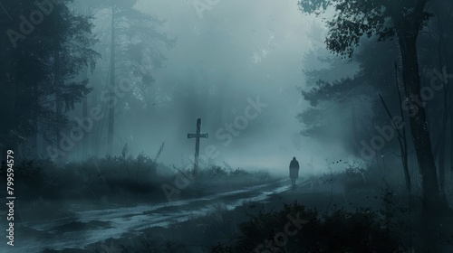 A person standing at a crossroads in a foggy forest, with subtle religious symbols in the mist, depicting faith guiding decisions, photo