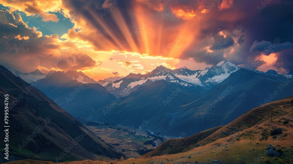 mountains at sunset, Crepuscular rays over high peaks, Magazine Photography,