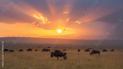 African savannah, Crepuscular rays at dusk, wild animals in view, Magazine Photography,