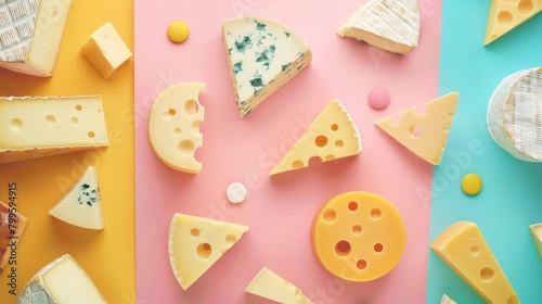 Colorful abstract of cheese varieties on a pastel whimsical background, photo