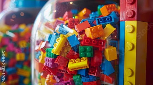 Gumball machine filled with bright Lego bricks, playful and creative, bold primary colors, © kitinut