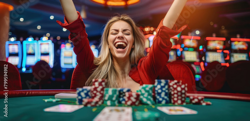 a photo of a woman winning at poker, she is laughing and holding her arms in the air with many casino chips on table, in a bright fancy bank hall