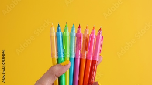 Hand gripping a set of colorful markers, solid pastel deep yellow background, sleek ad shot,