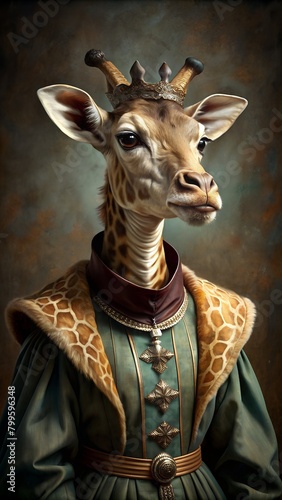a giraffe with a crown on its head and a woman in a crown with a crown on her head.