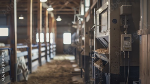 Interior view of traditional cattle farm barn with wooden fence and straw food scraps