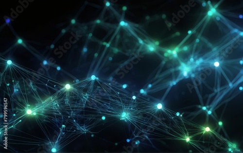 Glowing blue and green data flow inter connected ness of digital networks bokeh background