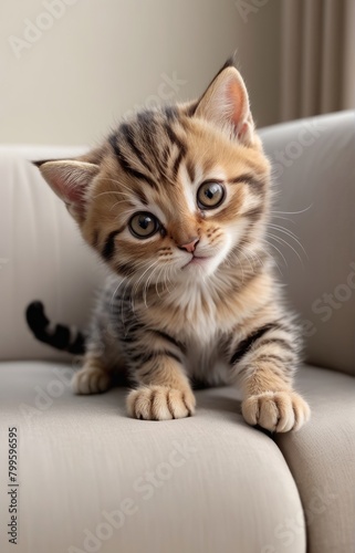 Scottish striped beige baby cat on couch
