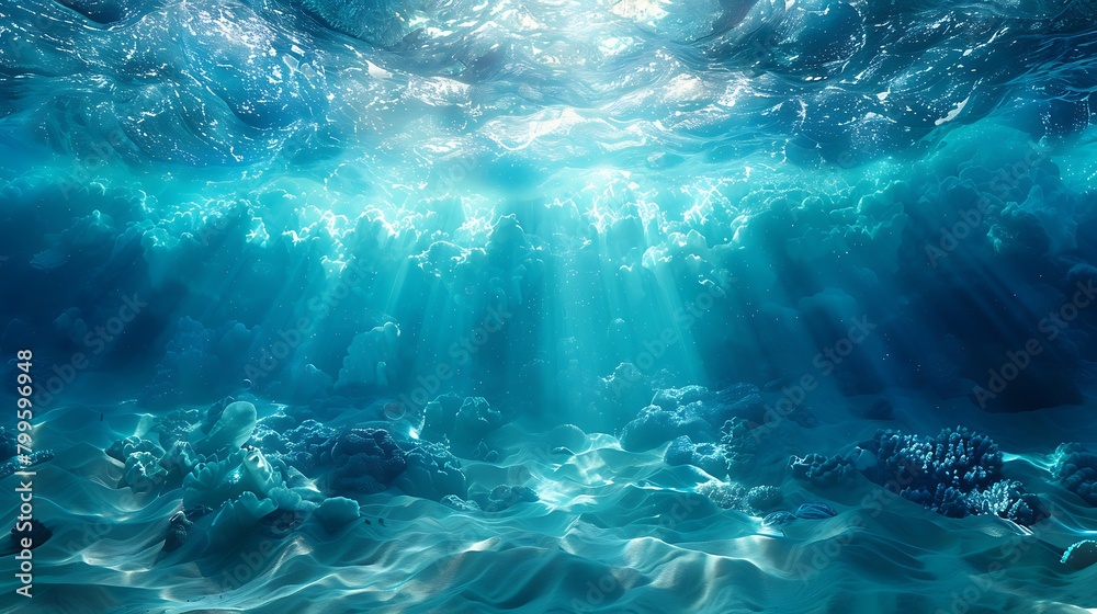 Obraz premium An artistic interpretation of the underwater world with diagonal layers of oceanic blue and turquoise, accented by white shimmering lines to reflect the dance of sunlight across the water's surface.