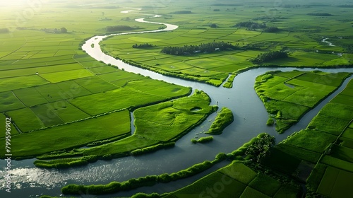 The winding river flows tranquilly through vibrant green rice fields, captured in a digital illustration with matte painting, showcasing aerial beauty and farmland serenity. photo