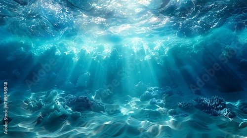 An artistic interpretation of the underwater world with diagonal layers of oceanic blue and turquoise, accented by white shimmering lines to reflect the dance of sunlight across the water's surface.