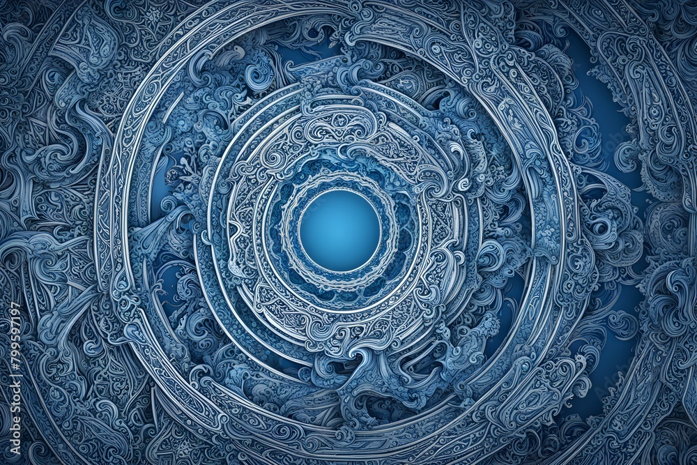 A blue and white abstract painting with a blue circle in the center