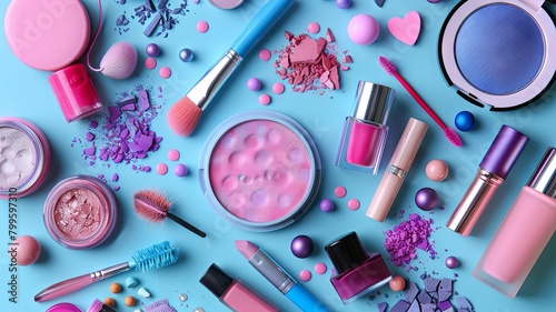 Colorful cosmetics arrangement on blue background - A vibrant assortment of makeup products scattered artistically on a bright blue surface, illustrating variety in beauty
