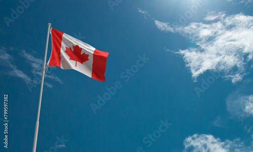 Canada flag blue sky background wallpaper copy space white cloud canadian country national celebration patriotism independence freedom 1 first day date st july month holiday canada day outdoor culture