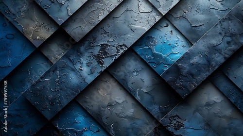 An edgy abstract representation of urban stealth with layers of diagonal dark gray and black, mimicking modern camouflage, highlighted by neon blue accents that add a vivid contrast. photo