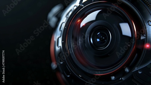 Professional camera lens with red reflection - An evocative image showcasing the reflective surfaces and modern design of a professional camera lens with a hint of red