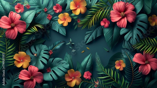 Experience the abstract beauty of a geometric jungle  where multiple shades of green form diagonal layers resembling foliage  and bright accents of pink and yellow flowers add a playful contrast 