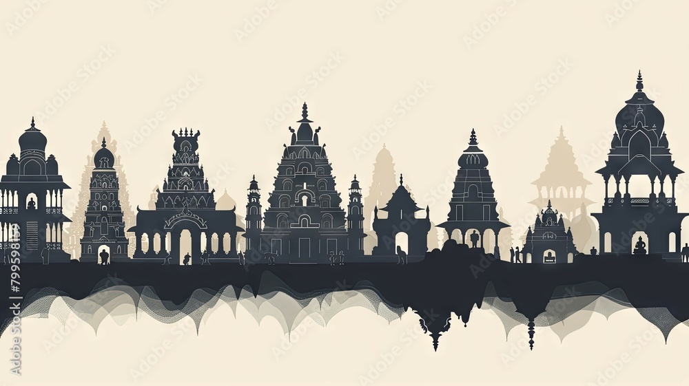 Stylized ancient city silhouette panorama - Intricate stylized silhouette panorama of an ancient cityscape representing historical architecture and culture