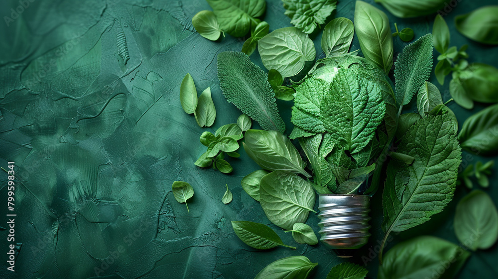 Obraz premium Top view of a lightbulb made with vibrant leaves a